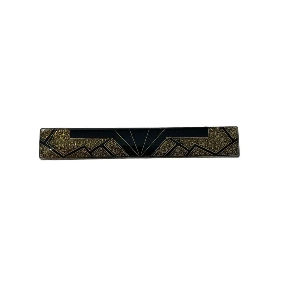 VTG Art‎ Deco Geometric Black Gold Tone Enamel Bar Pin Brooch